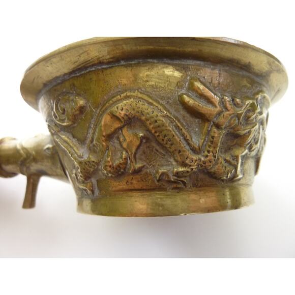 Vintage Chinese Iron Dragon Brass Coal Pot Design and Wooden Handle Antique - Picture 2 of 6